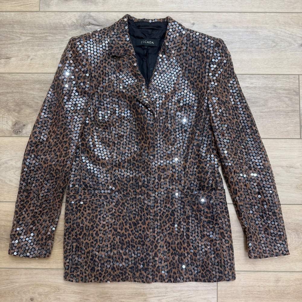 Escada Leopard Print Sequin Blazer Jacket Y2K Statement Evening Cocktail Size 36